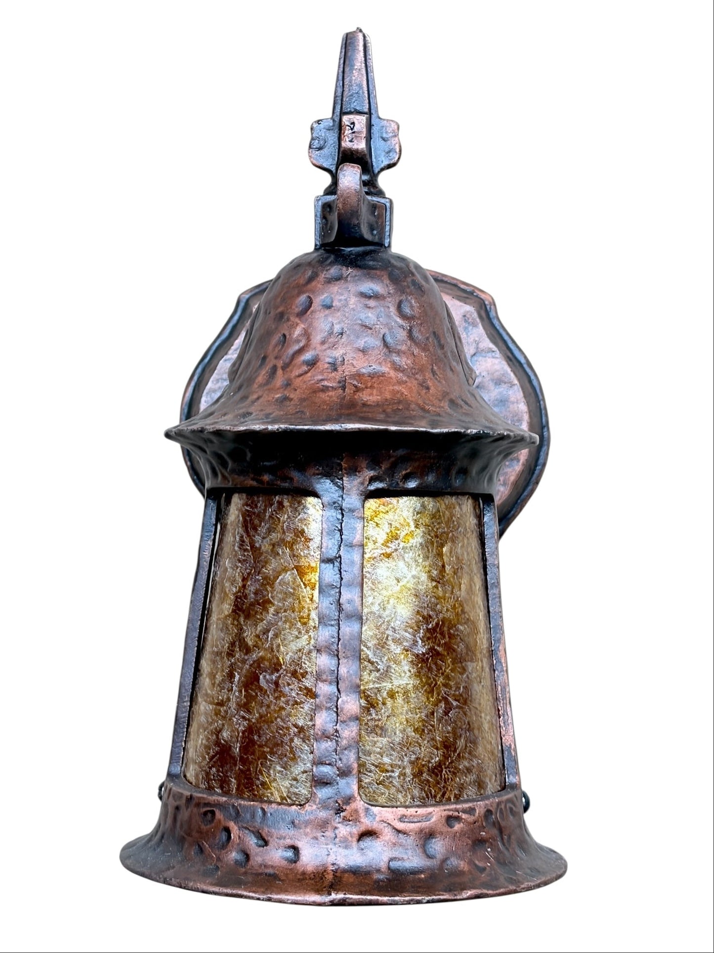 1920s Storybook Outdoor Porch Light in Antique Copper Finish with Orange Mica Shade #2625