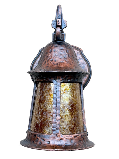 1920s Storybook Outdoor Porch Light in Antique Copper Finish with Orange Mica Shade #2625