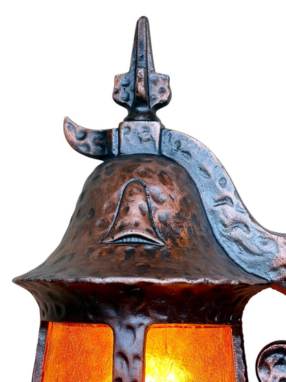 1920s Storybook Outdoor Porch Light in Antique Copper Finish with Orange Mica Shade #2625