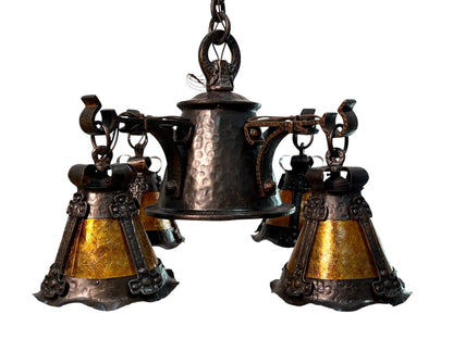 Arts and Crafts 5 Light with Four Lanterns and Mica Dome Bottom Light #2641