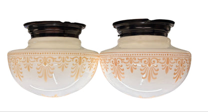 Flush Pair of Decorated Milk Glass Flush Mount Globes circa 1915 #2643
