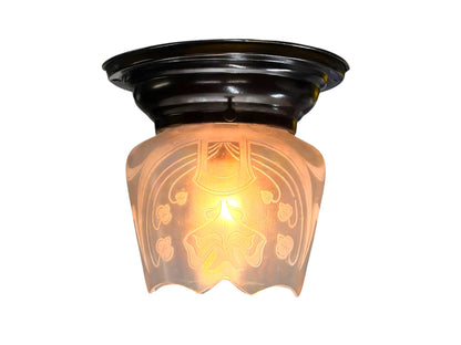 Iridescent Nouveau Shade with Etched Whiplash Art Nouveau Design on Antique Brass Fixture #2644