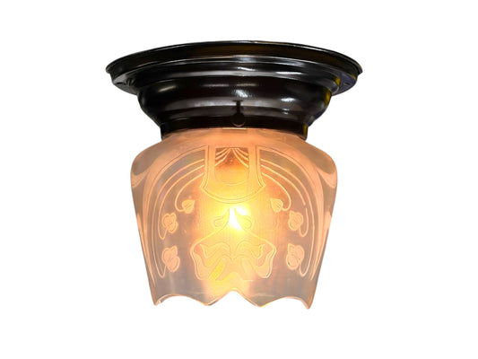 Iridescent Nouveau Shade with Etched Whiplash Art Nouveau Design on Antique Brass Fixture #2644