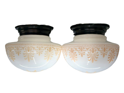 Flush Pair of Decorated Milk Glass Flush Mount Globes circa 1915 #2643