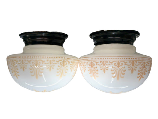 Flush Pair of Decorated Milk Glass Flush Mount Globes circa 1915 #2643