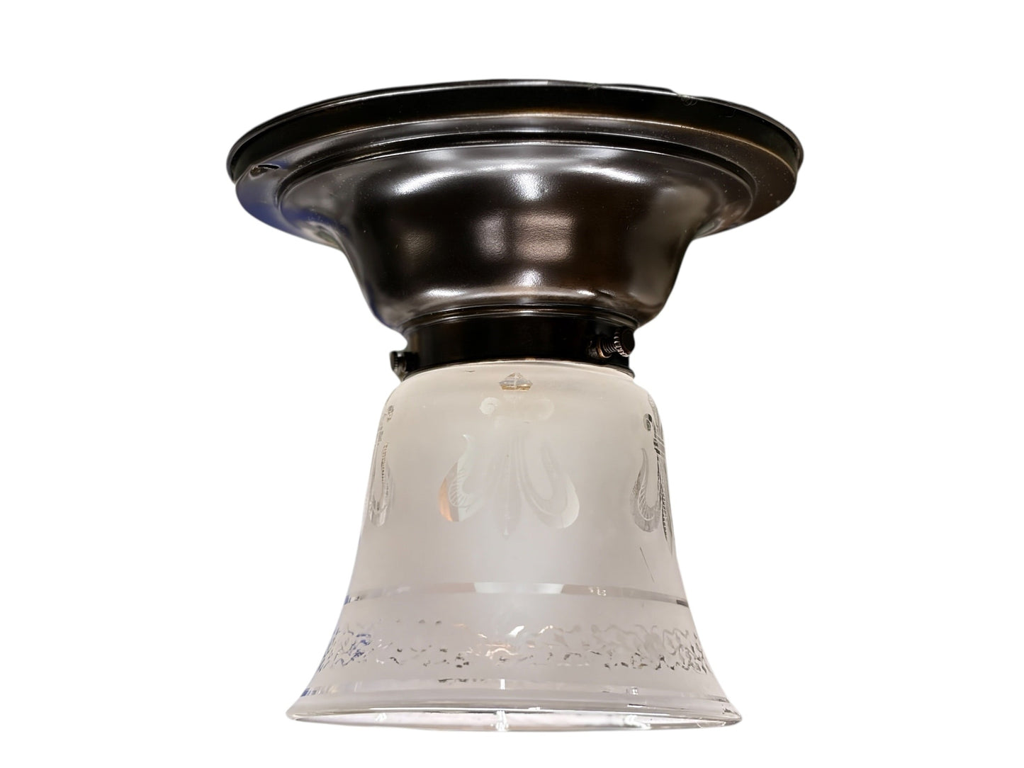 Small Semi Flush Light with Clear Acid Etched Fleur de Lis  Shade on Antique Fixture #2649