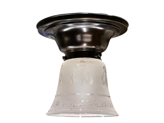 Small Semi Flush Light with Clear Acid Etched Fleur de Lis  Shade on Antique Fixture #2649