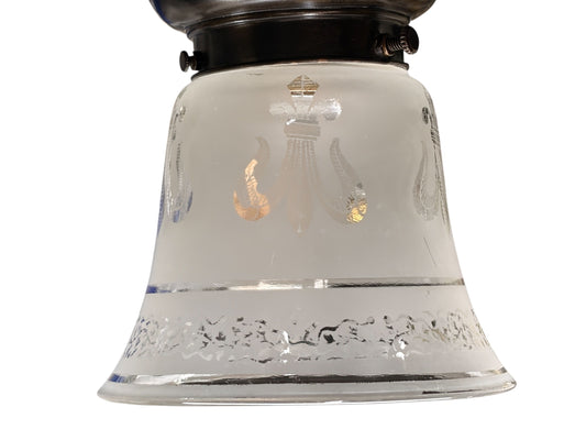 Small Semi Flush Light with Clear Acid Etched Fleur de Lis  Shade on Antique Fixture #2649