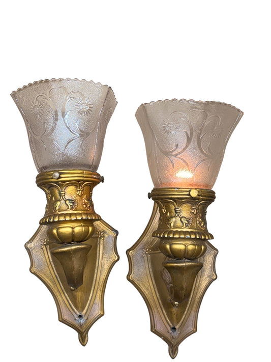 1920 Art Kast Wall Sconces with Pressed Glass Shades and Original Paint #2632