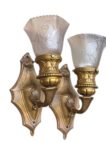 1920 Art Kast Wall Sconces with Pressed Glass Shades and Original Paint #2632
