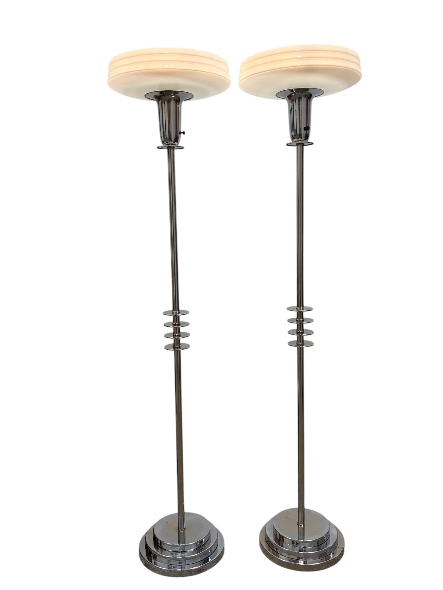 Streamline Art Deco Torchiere Floor Lamps in Polished Chrome and Nickel with Milk Glass Shades #2654