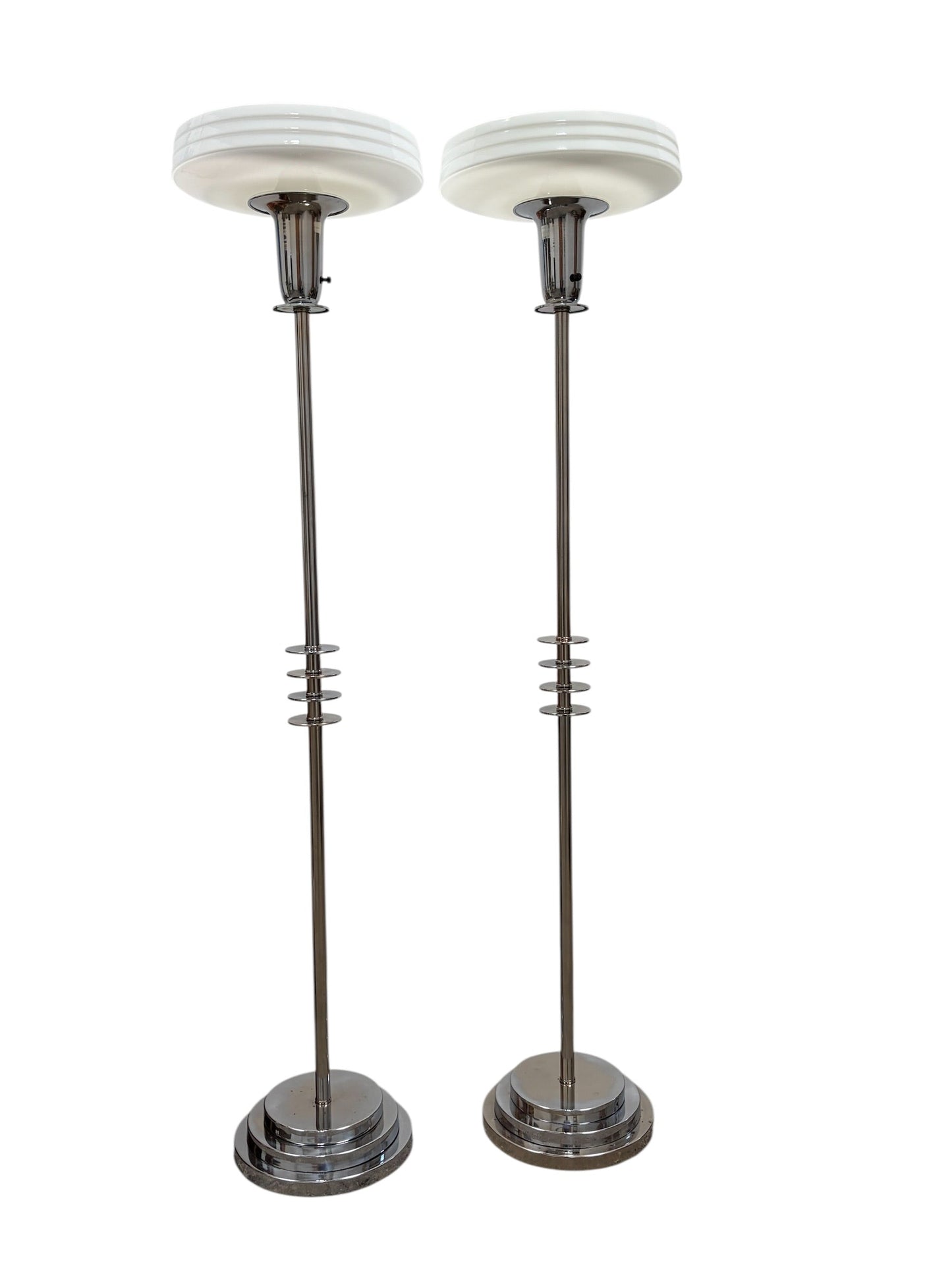 Streamline Art Deco Torchiere Floor Lamps in Polished Chrome and Nickel with Milk Glass Shades #2654