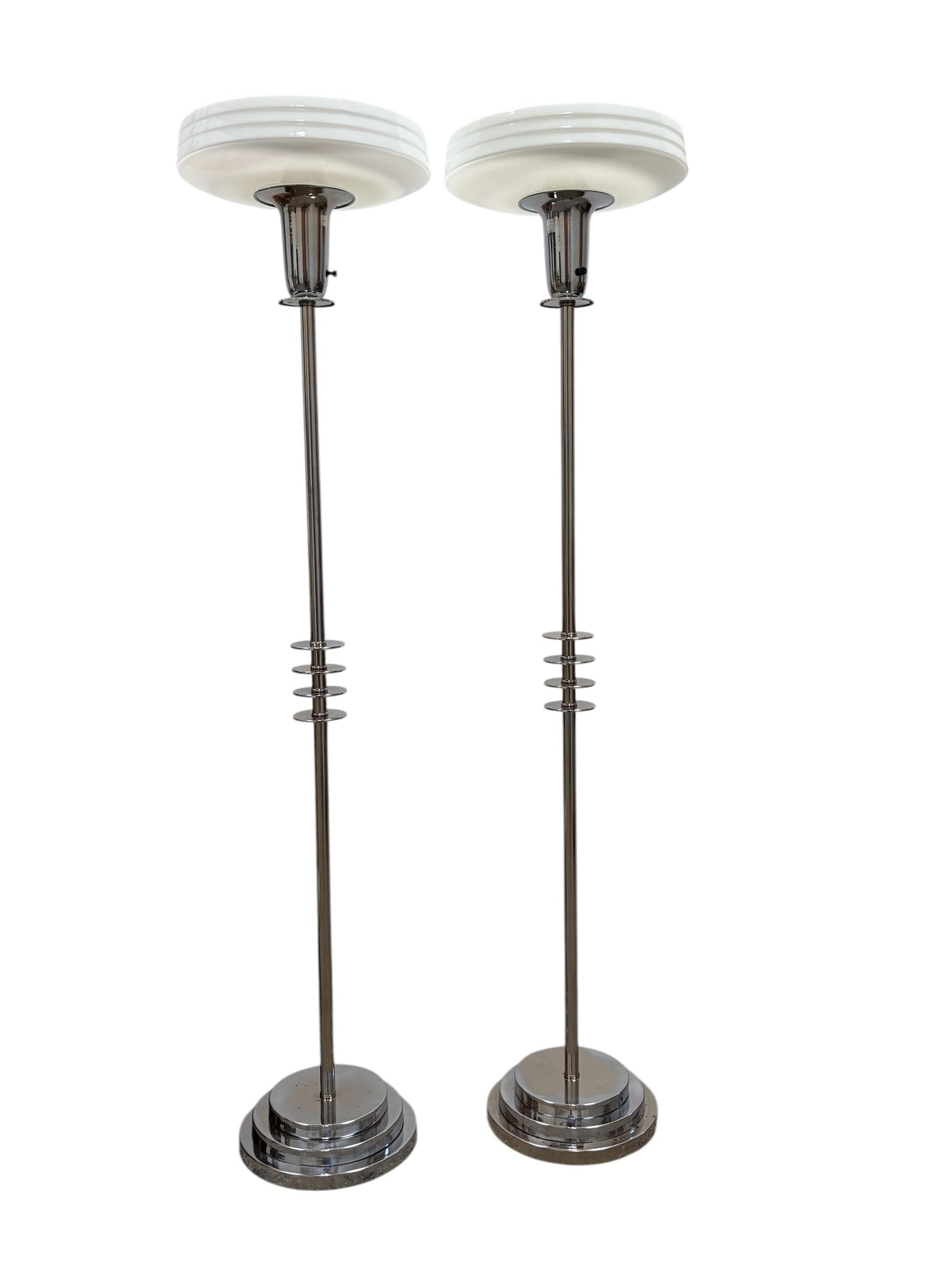 Streamline Art Deco Torchiere Floor Lamps in Polished Chrome and Nickel with Milk Glass Shades #2654