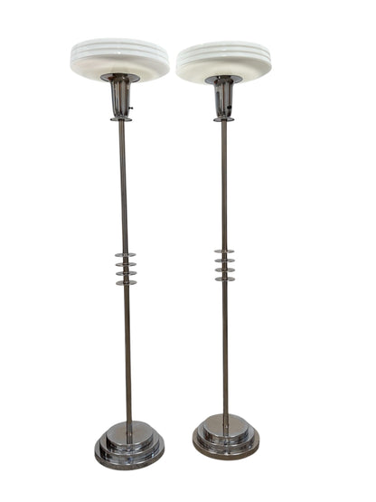 Streamline Art Deco Torchiere Floor Lamps in Polished Chrome and Nickel with Milk Glass Shades #2654