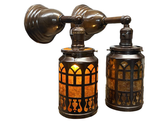 Pair Patinated Brass Lantern Sconces with Amber Mica Inserts #2651