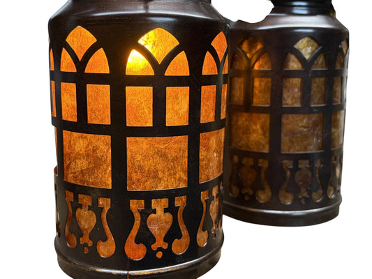 Pair Patinated Brass Lantern Sconces with Amber Mica Inserts #2651