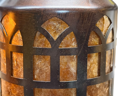 Pair Patinated Brass Lantern Sconces with Amber Mica Inserts #2651