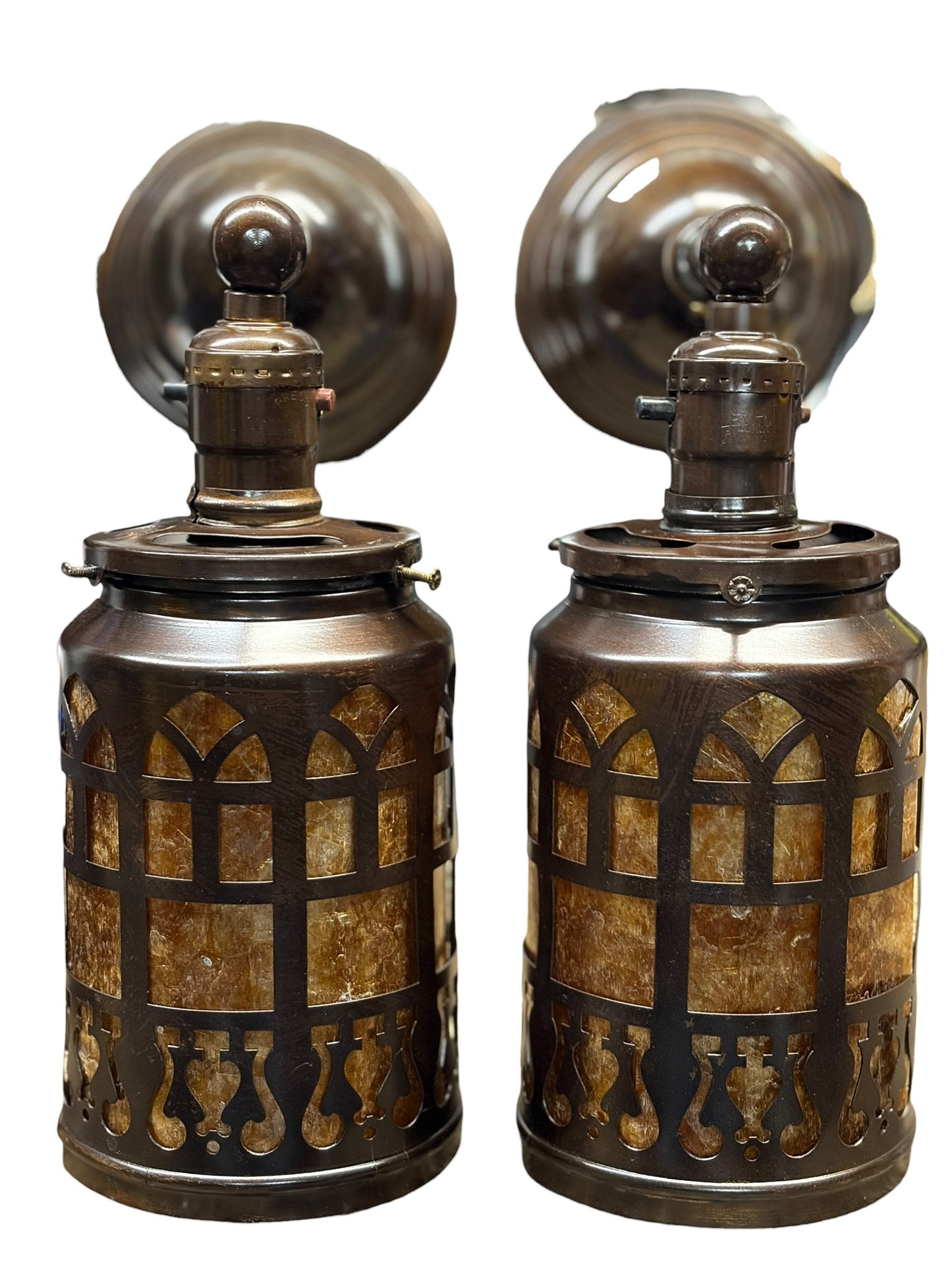 Pair Patinated Brass Lantern Sconces with Amber Mica Inserts #2651