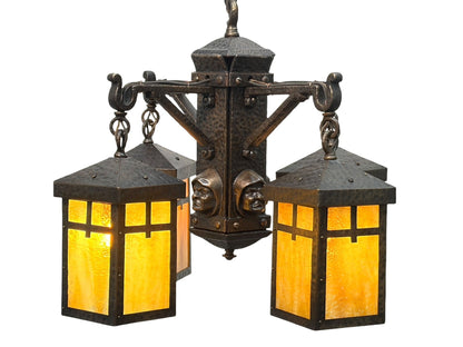 Bradley and Hubbard Arts and Crafts Mission Monk Face Hammered Chandelier in Patinated Bronze with Slag Glass #2654