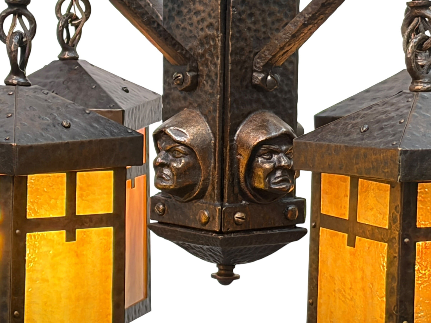 Bradley and Hubbard Arts and Crafts Mission Monk Face Hammered Chandelier in Patinated Bronze with Slag Glass #2654