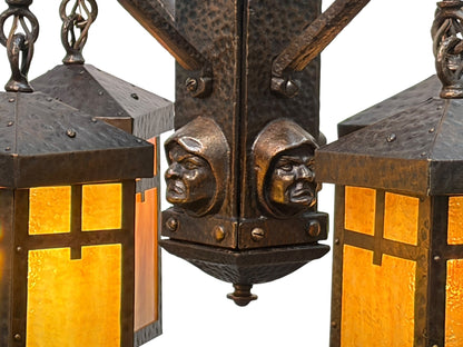 Bradley and Hubbard Arts and Crafts Mission Monk Face Hammered Chandelier in Patinated Bronze with Slag Glass #2654