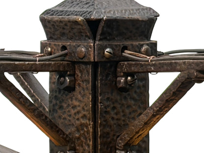Bradley and Hubbard Arts and Crafts Mission Monk Face Hammered Chandelier in Patinated Bronze with Slag Glass #2654
