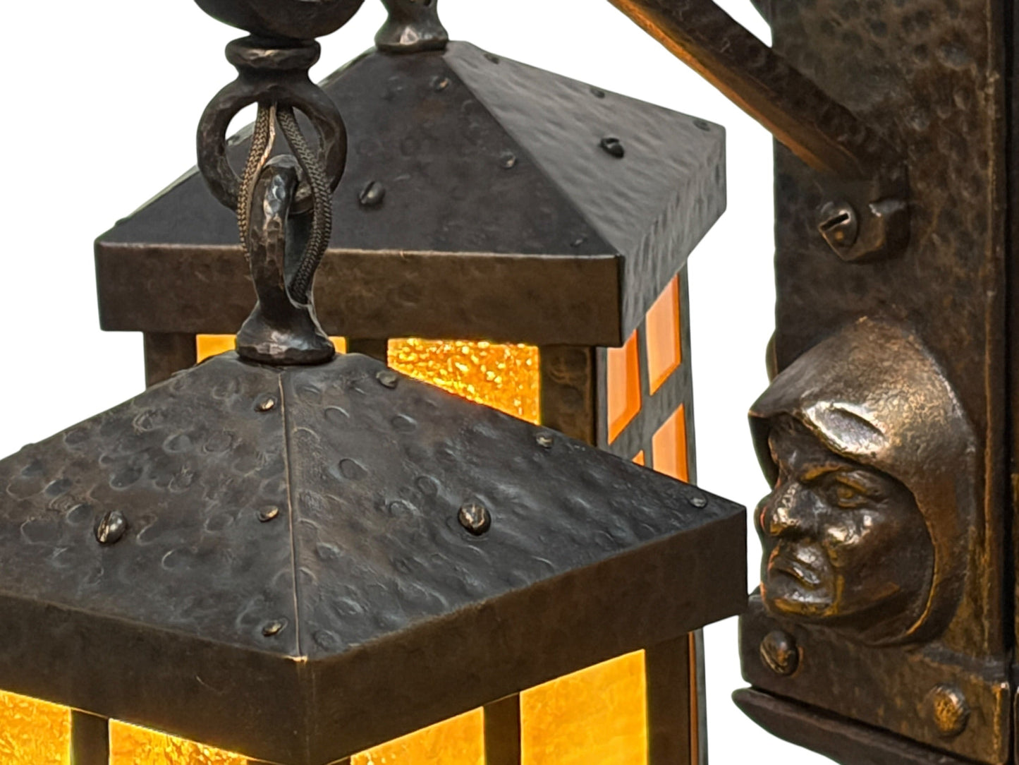 Bradley and Hubbard Arts and Crafts Mission Monk Face Hammered Chandelier in Patinated Bronze with Slag Glass #2654