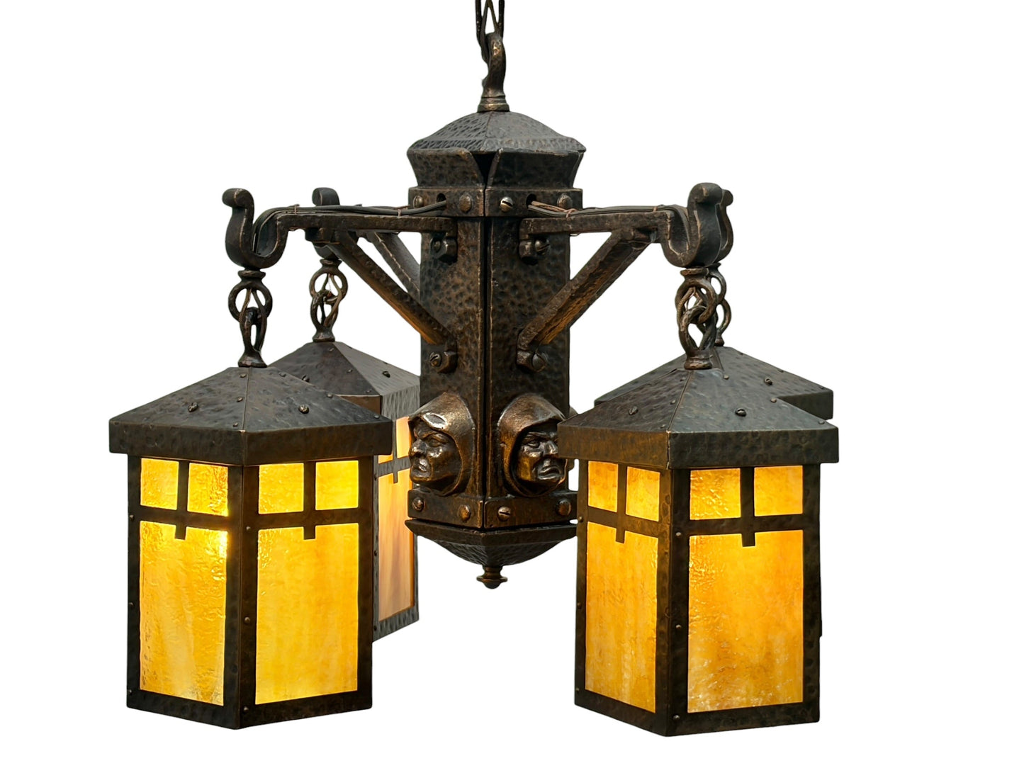 Bradley and Hubbard Arts and Crafts Mission Monk Face Hammered Chandelier in Patinated Bronze with Slag Glass #2654