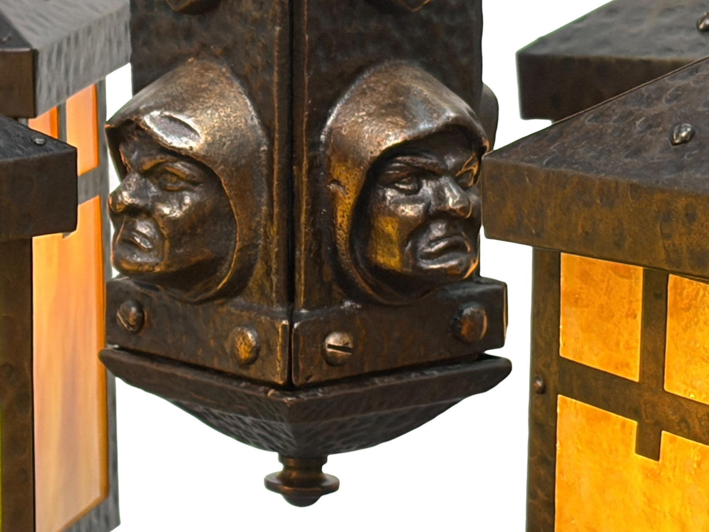 Bradley and Hubbard Arts and Crafts Mission Monk Face Hammered Chandelier in Patinated Bronze with Slag Glass #2654