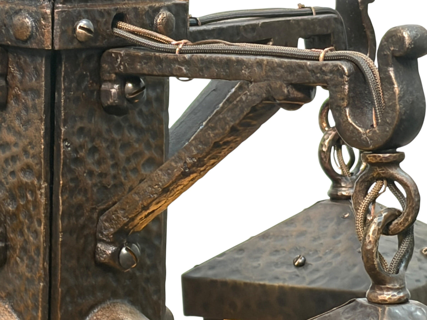 Bradley and Hubbard Arts and Crafts Mission Monk Face Hammered Chandelier in Patinated Bronze with Slag Glass #2654