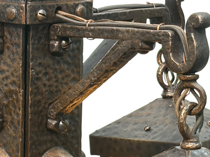 Bradley and Hubbard Arts and Crafts Mission Monk Face Hammered Chandelier in Patinated Bronze with Slag Glass #2654