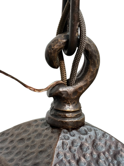 Bradley and Hubbard Arts and Crafts Mission Monk Face Hammered Chandelier in Patinated Bronze with Slag Glass #2654