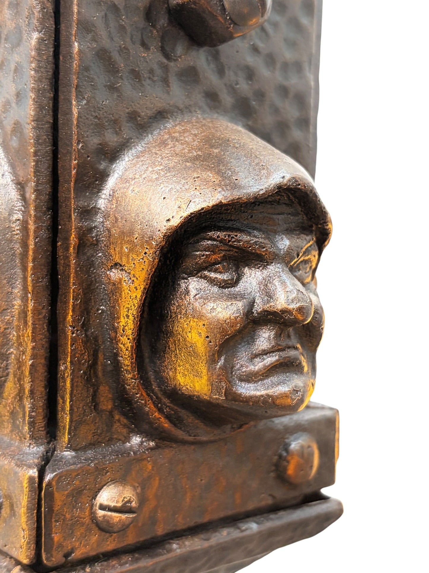 Bradley and Hubbard Arts and Crafts Mission Monk Face Hammered Chandelier in Patinated Bronze with Slag Glass #2654