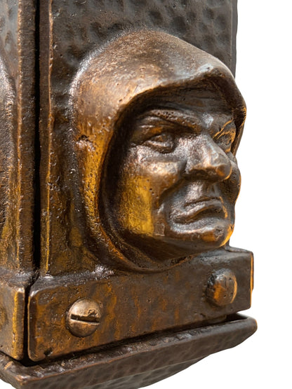 Bradley and Hubbard Arts and Crafts Mission Monk Face Hammered Chandelier in Patinated Bronze with Slag Glass #2654