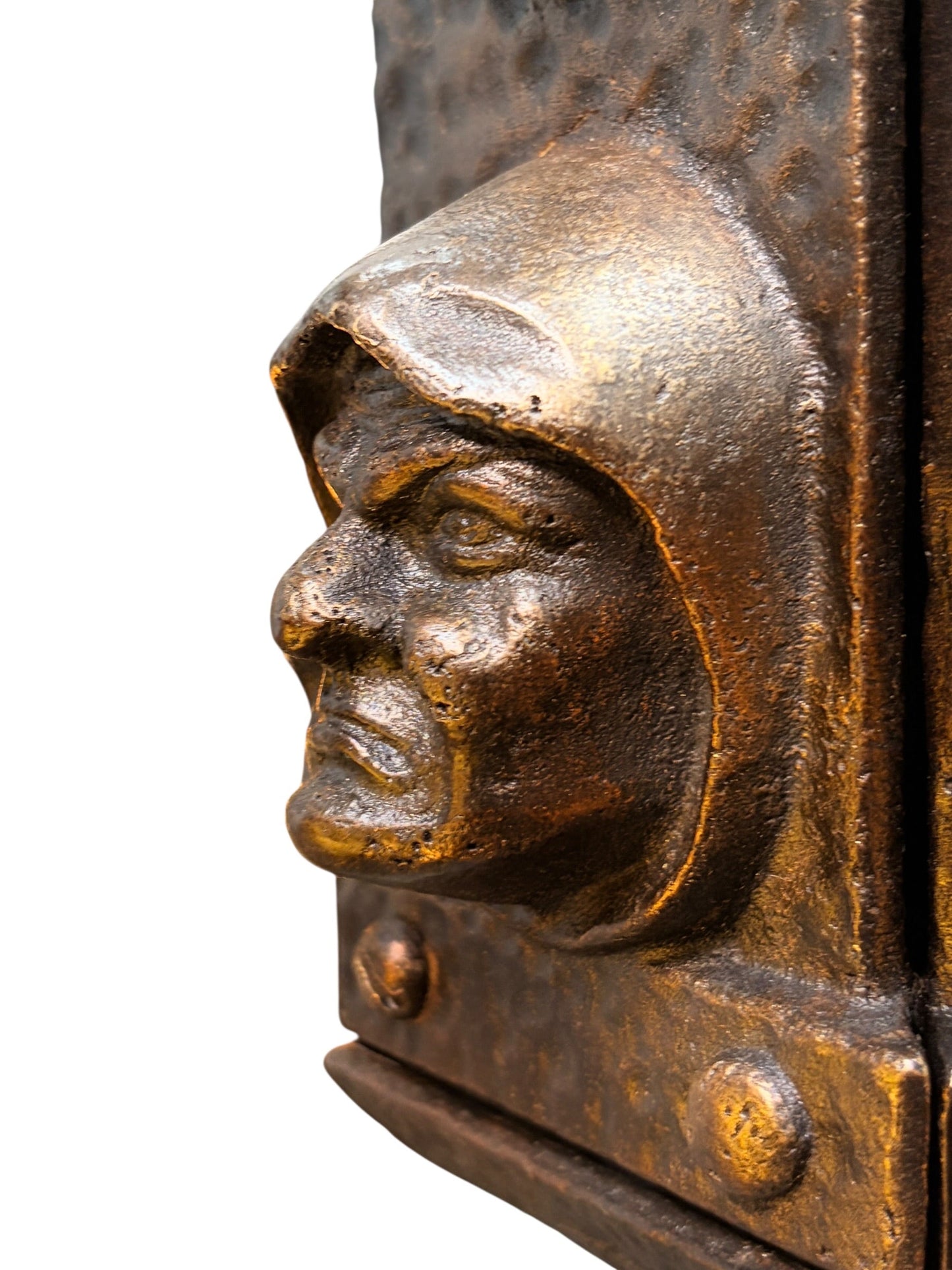 Bradley and Hubbard Arts and Crafts Mission Monk Face Hammered Chandelier in Patinated Bronze with Slag Glass #2654