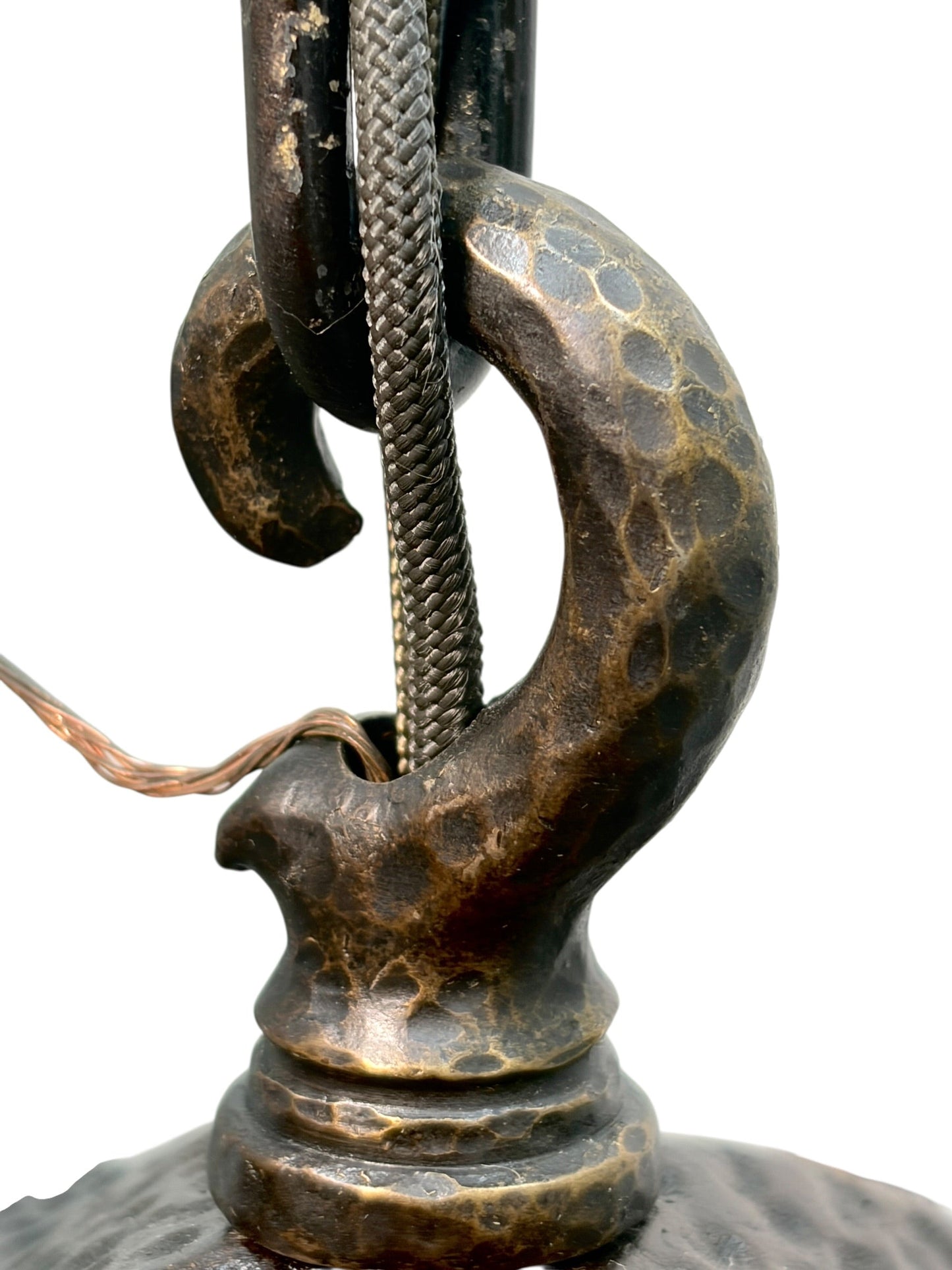 Bradley and Hubbard Arts and Crafts Mission Monk Face Hammered Chandelier in Patinated Bronze with Slag Glass #2654
