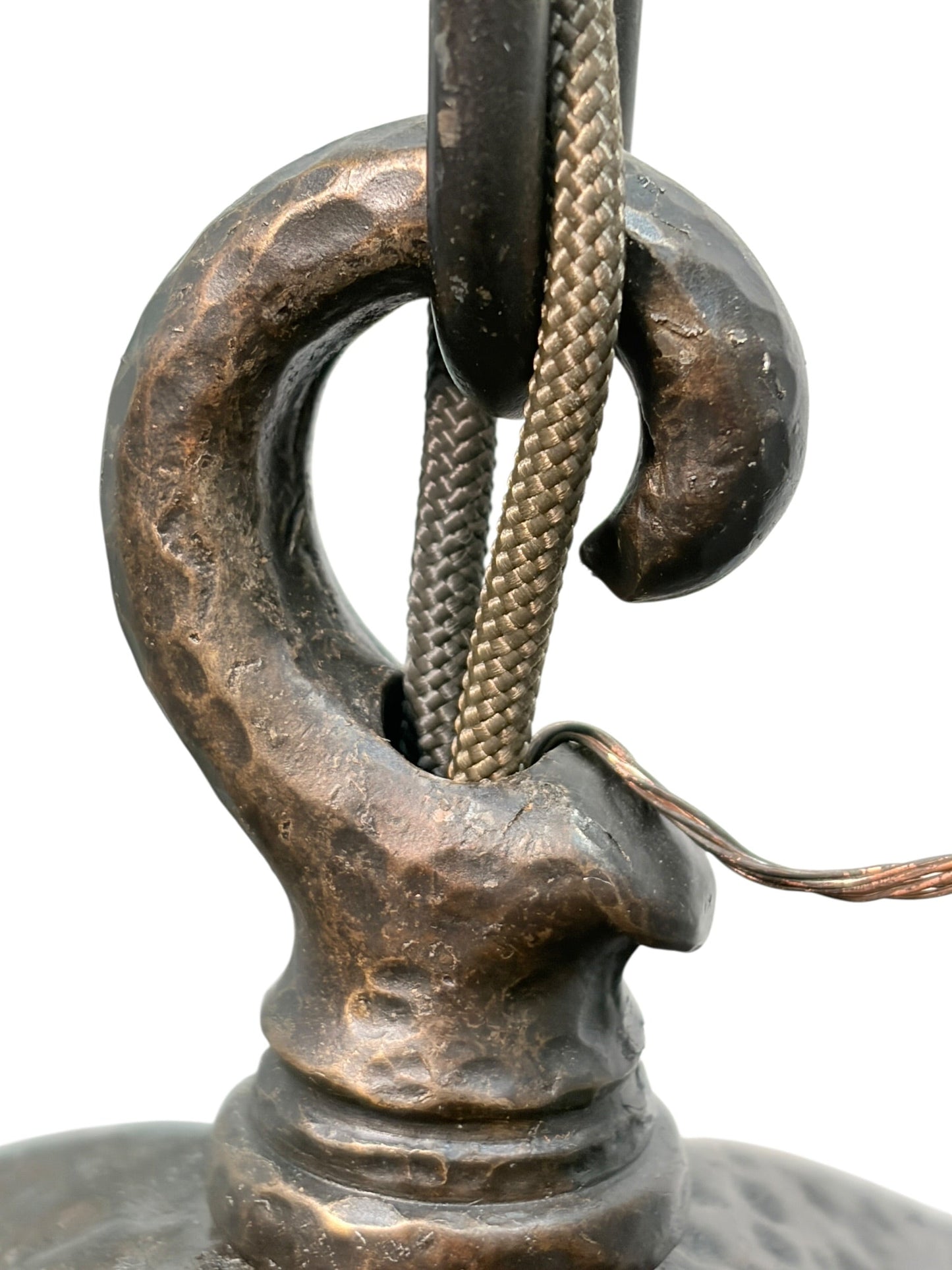 Bradley and Hubbard Arts and Crafts Mission Monk Face Hammered Chandelier in Patinated Bronze with Slag Glass #2654