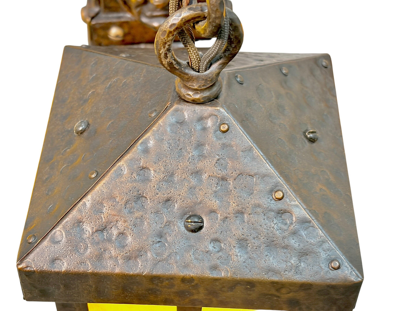 Bradley and Hubbard Arts and Crafts Mission Monk Face Hammered Chandelier in Patinated Bronze with Slag Glass #2654