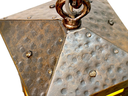 Bradley and Hubbard Arts and Crafts Mission Monk Face Hammered Chandelier in Patinated Bronze with Slag Glass #2654