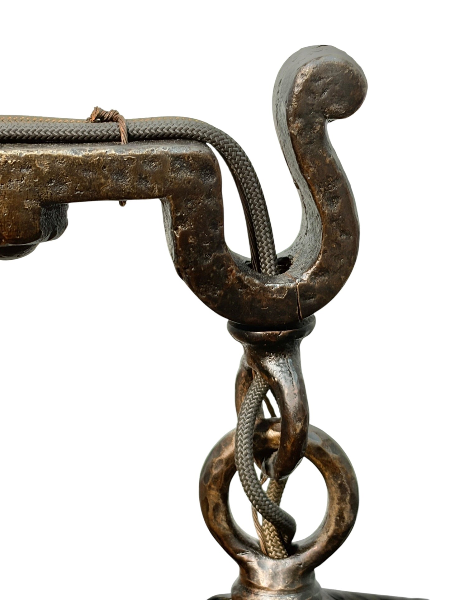 Bradley and Hubbard Arts and Crafts Mission Monk Face Hammered Chandelier in Patinated Bronze with Slag Glass #2654