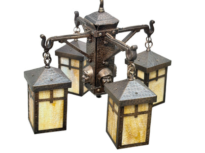 Bradley and Hubbard Arts and Crafts Mission Monk Face Hammered Chandelier in Patinated Bronze with Slag Glass #2654