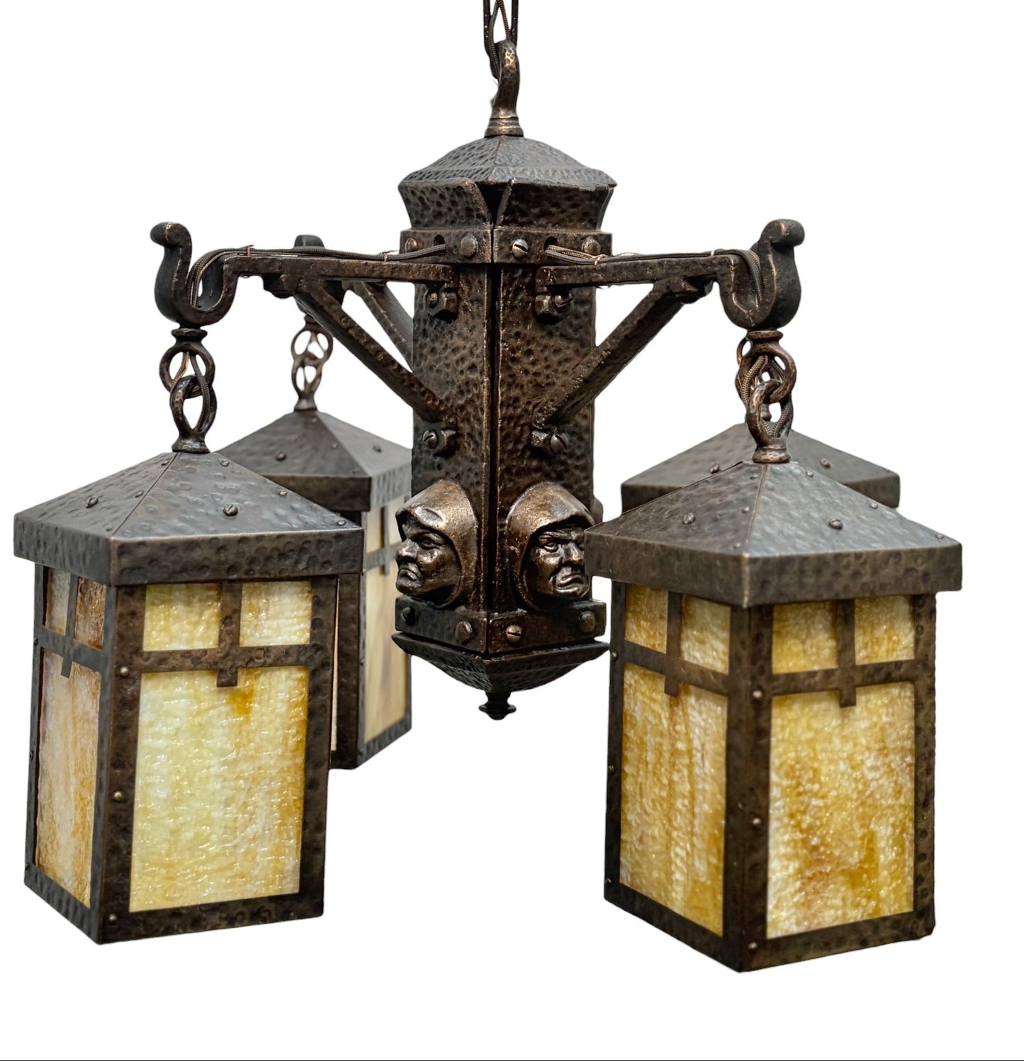 Bradley and Hubbard Arts and Crafts Mission Monk Face Hammered Chandelier in Patinated Bronze with Slag Glass #2654