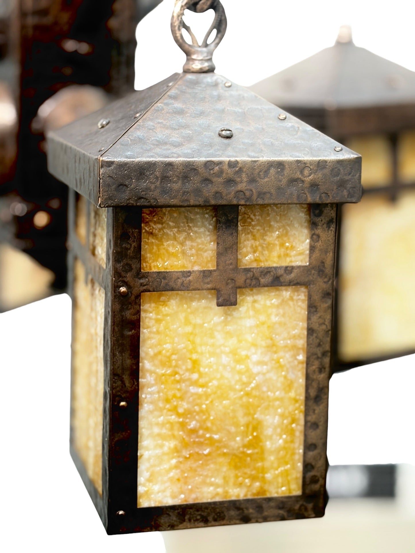 Bradley and Hubbard Arts and Crafts Mission Monk Face Hammered Chandelier in Patinated Bronze with Slag Glass #2654