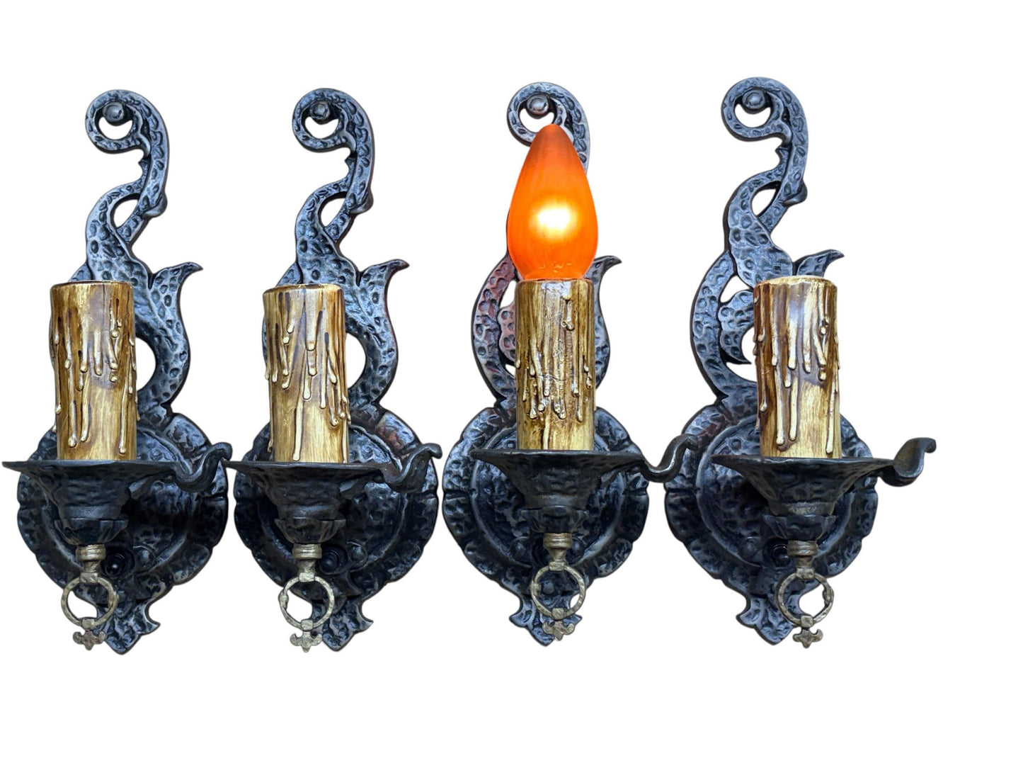Four Storybook Wall Sconces from 1920s with Original Finish, New Wiring, Antique Style Candle Sleeves Hammered Tudor Spanish Revival #2657