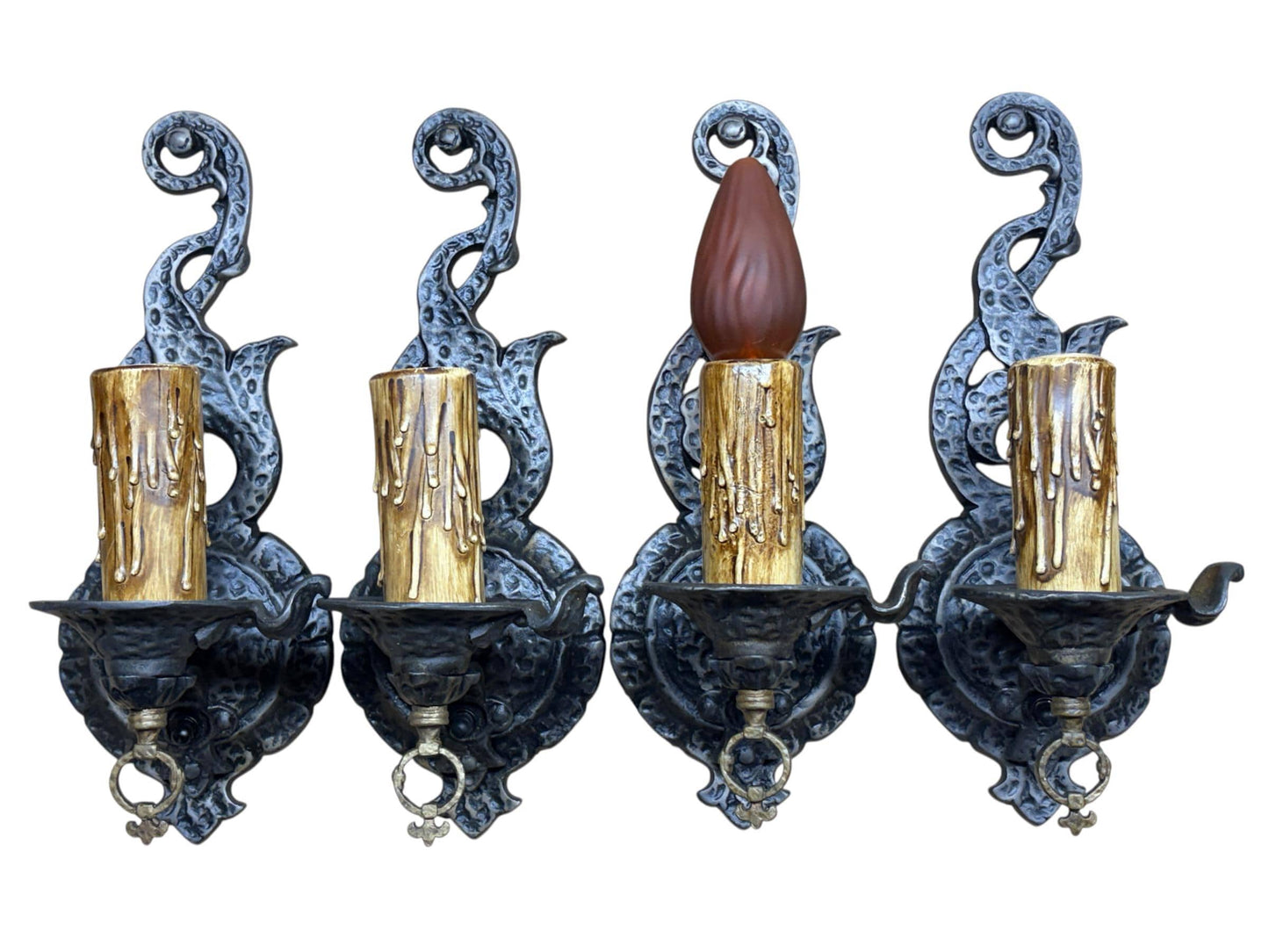 Four Storybook Wall Sconces from 1920s with Original Finish, New Wiring, Antique Style Candle Sleeves Hammered Tudor Spanish Revival #2657