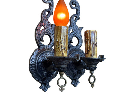 Four Storybook Wall Sconces from 1920s with Original Finish, New Wiring, Antique Style Candle Sleeves Hammered Tudor Spanish Revival #2657