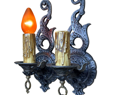 Four Storybook Wall Sconces from 1920s with Original Finish, New Wiring, Antique Style Candle Sleeves Hammered Tudor Spanish Revival #2657