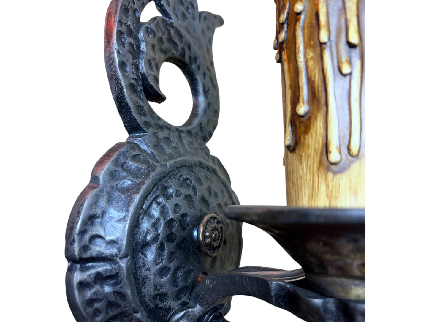 Four Storybook Wall Sconces from 1920s with Original Finish, New Wiring, Antique Style Candle Sleeves Hammered Tudor Spanish Revival #2657