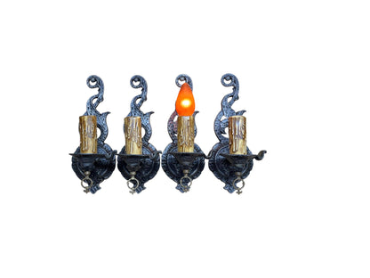 Four Storybook Wall Sconces from 1920s with Original Finish, New Wiring, Antique Style Candle Sleeves Hammered Tudor Spanish Revival #2657