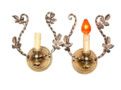 Pair Petit 1910s Cast Brass Wall Sconces with Trailing Vines and Leaves Original Antique Patina #2658